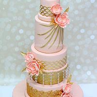 Tall Pink Five Tier Wedding Cake