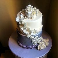 silver and ivory wedding cake