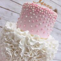 pink and white pearl rose ruffle cake 
