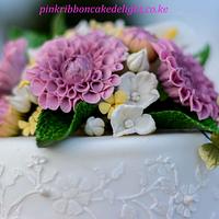 Pinkk dahlia lace wedding cake