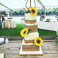 Rustic Sunflowers and burlap wedding cake 