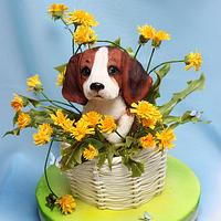 3D cake puppy Beagle in the basket of dandelions