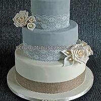 Cream & Grey Lace and Hessian Wedding Cake