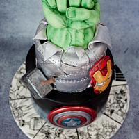 Avengers cake with handpainted comics coaster