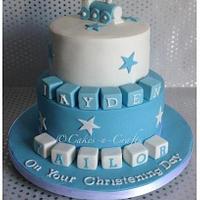 blue and white christening cake 