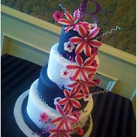 Black and White Wedding Cake with Star Gazer Lilies