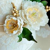 'Compassion'-Open peonies in Two tiered wedding cake