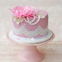 Vintage Birthday Cake with Wafer Paper Peony and Lace