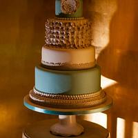 Crochet lace, hydrangea and pearl wedding cake