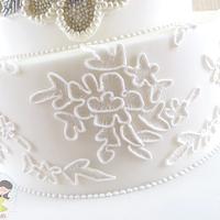 Edible Beaded Sash and Piped Corded Lace Wedding Cake