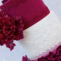 Burgundy ruffles wedding cake