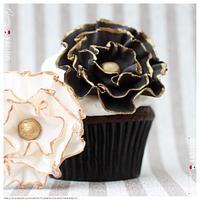 Chocolate Birthday Cupcakes with Black and White Ruffled Fondant Flowers with Gold Trim