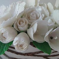 Summer Woodland themed & white flowers wedding cake
