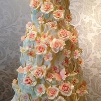 White chocolate rose, hydrangea and pearl wedding cake
