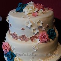 Wedding Cake with Exclusive Hand Crafted Gold Painted Lace  with Vintage Roses 