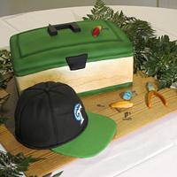 Fishing tackle box and cap - Groom's cake