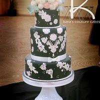 Gray, Vintage Lace, and Wafer Roses Wedding Cake