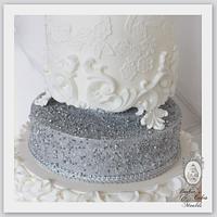 Peach silver ruffle lace baroque cake