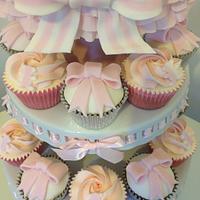 Cute Frill & Bow Pink & White Christening Cake/Cupcake Tower