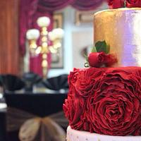 Grand Red Rose Ruffle and Gold Wedding Cake