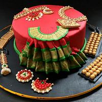 Bharatnatyam Saree and Temple Jewellery Cake