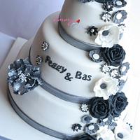 white, black and silver wedding cake
