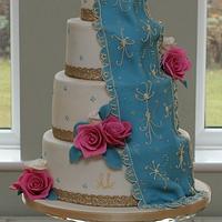 Teal and pink wedding cake