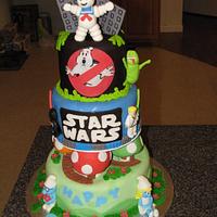 Ghost busters , lego star wars  and Smurfs multi-theme cake