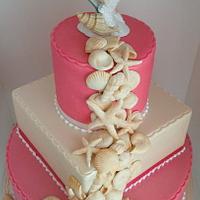 Watermelon/Ivory seashell wedding cake