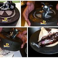Cake design applied to a black forest cake. My Harley motorbike cake. 