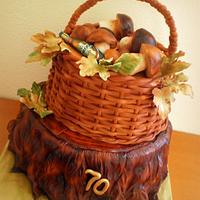 basket with mushrooms and beer on stump