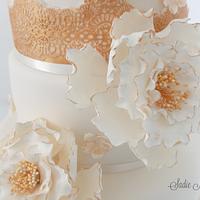 Gold and Ivory ruffle flowers wedding cake 