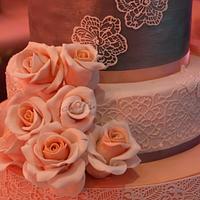 Peach White & Silver Wedding Cake