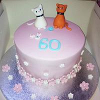 60th Birthday cake with cat toppers