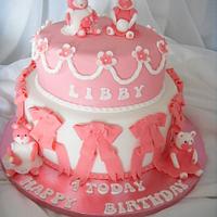 Pink & White Teddies, Blossoms & Bows 1st Birthday Cake