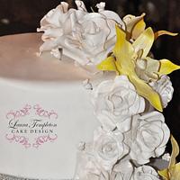 White Roses & Yellow Orchid Wedding Cake