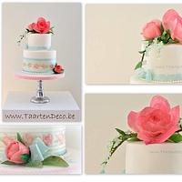 cake with wafer flowers (rose, peony, forget-me-not) and wafer print