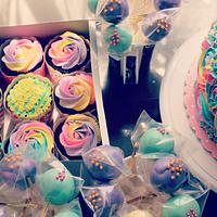 Rainbow theme cake, cupcakes and cakepops