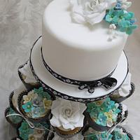 Aqua and White Wedding Cake and Matching Cupcake Tower