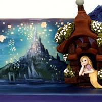Rapunzel and lanterns painted cake