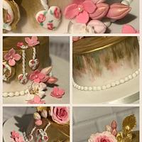 Floral rose and gold leaf cake