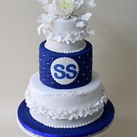White & Blue Three Tier Wedding Cake
