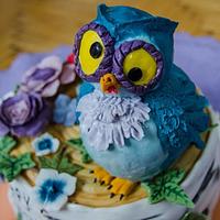 A wacky owl with a rainbow cake