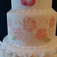 Ruffles and Pink Flowers Wedding cake 