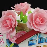 Home and roses - hand painted cake 