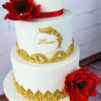 Red and gold birthday cake