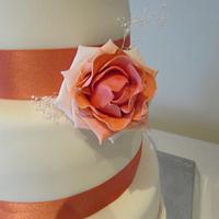 Coral Themed wedding cake with colour graduating roses