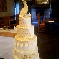 Ivory & Gold Peacock Wedding Cake