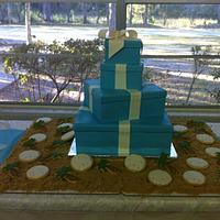 Tiffany Box Wedding Cake with sand dollar and palm tree cookies in edible sand