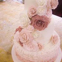 Dusky Pink Gradient Frill & Rose Wedding Cake